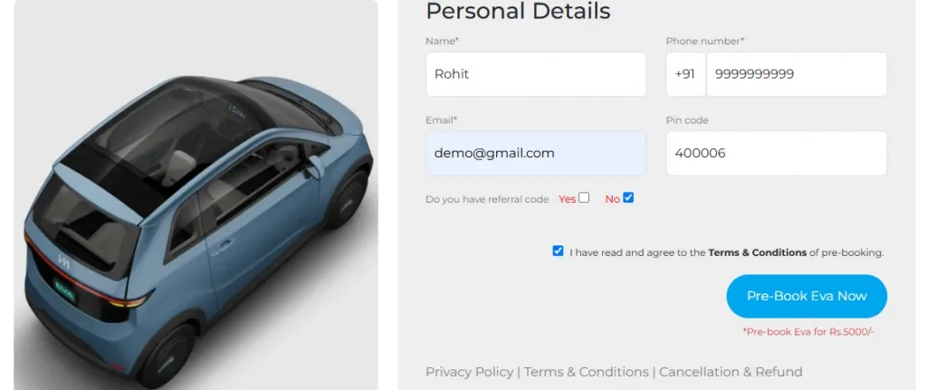 Eva Nova Electric Car Price and Features booking