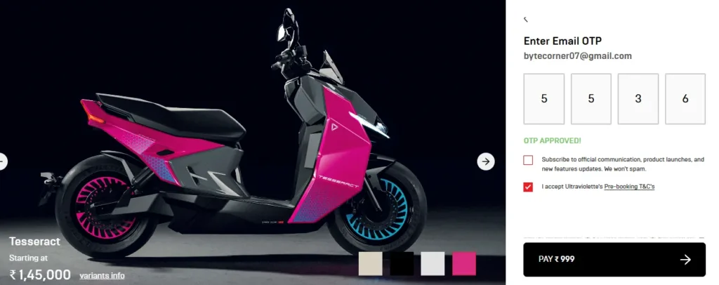 Ultraviolette Tesseract Electric Scooter Review booking